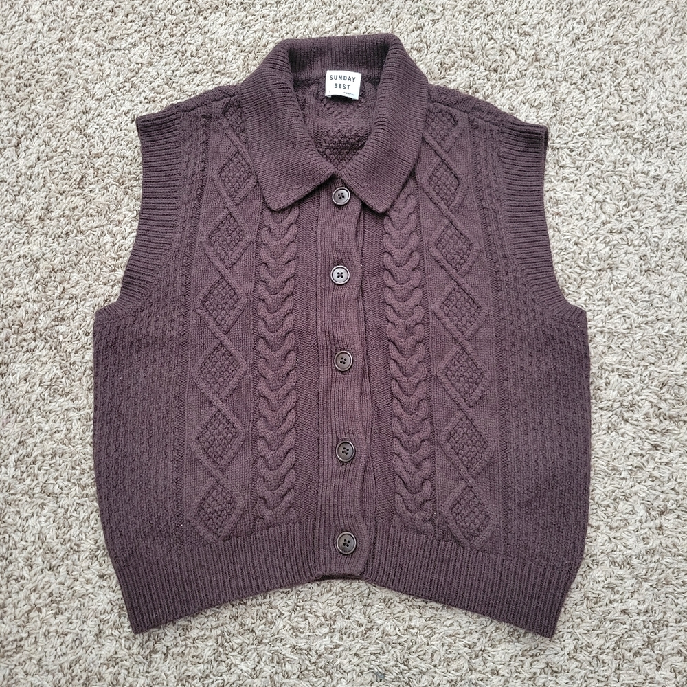 Sunday Best Cable Knit Button Front Sleeveless Cardigan - Plum
